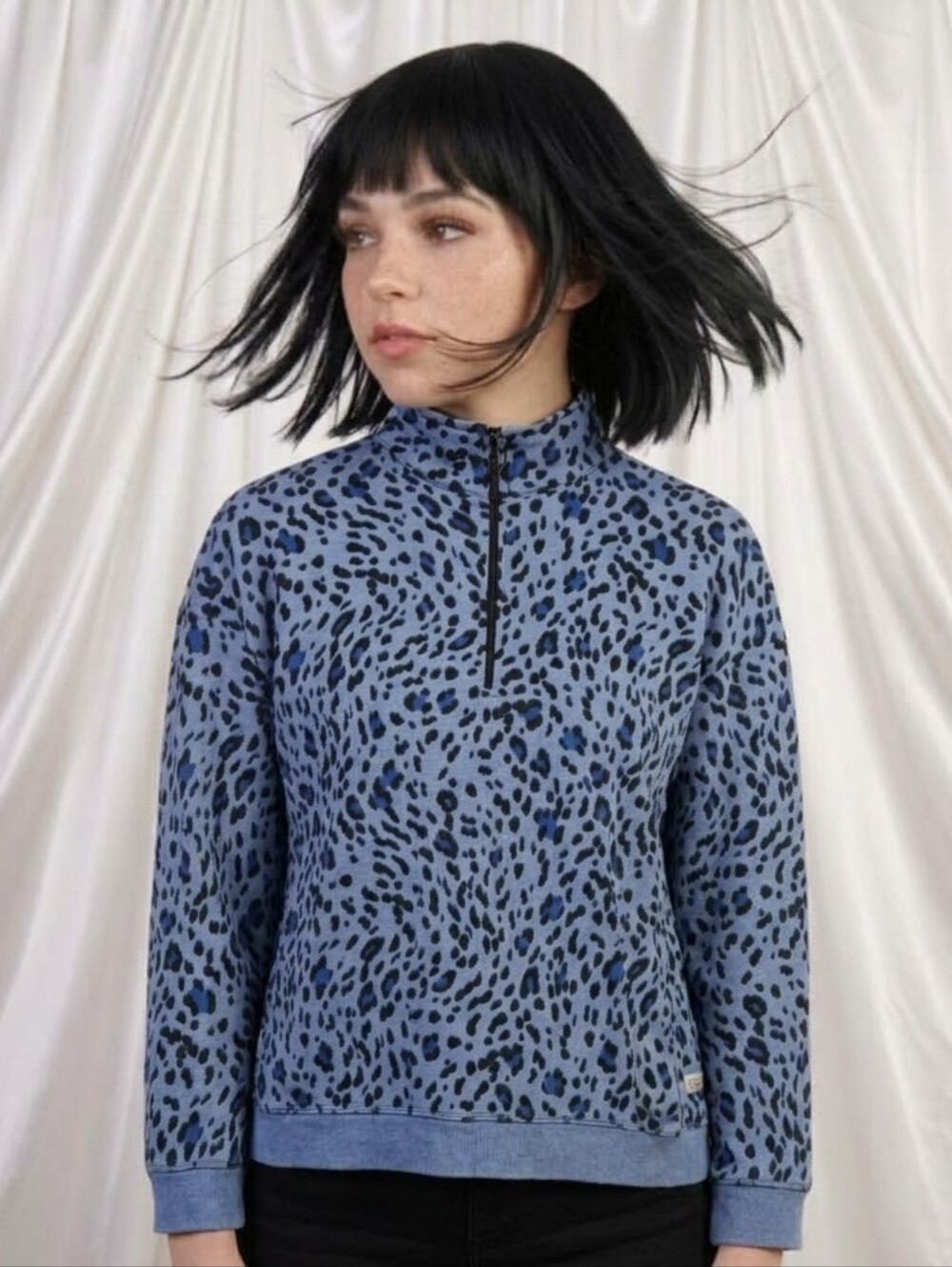 Talbots Quarter Zip Sweater Large Cheetah Print Leopard Print Cotton Blend Blue